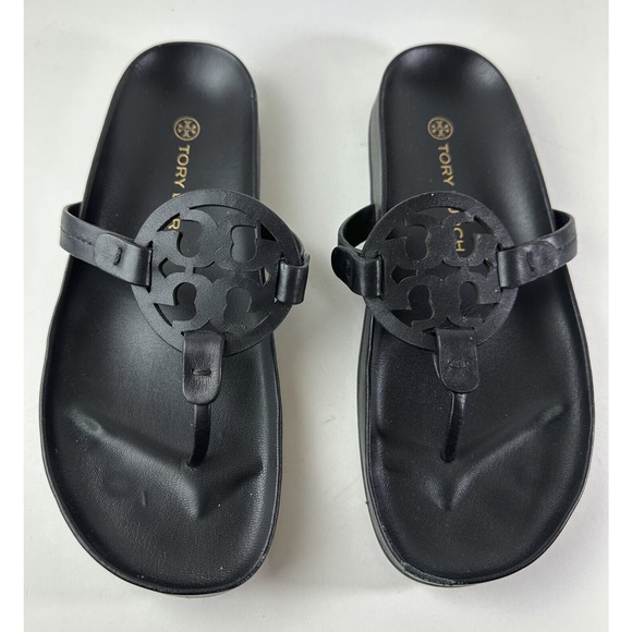 Tory Burch Miller Cloud Sandal Black Leather Flip Flops Women’s Size 8 Sandals - Picture 12 of 12